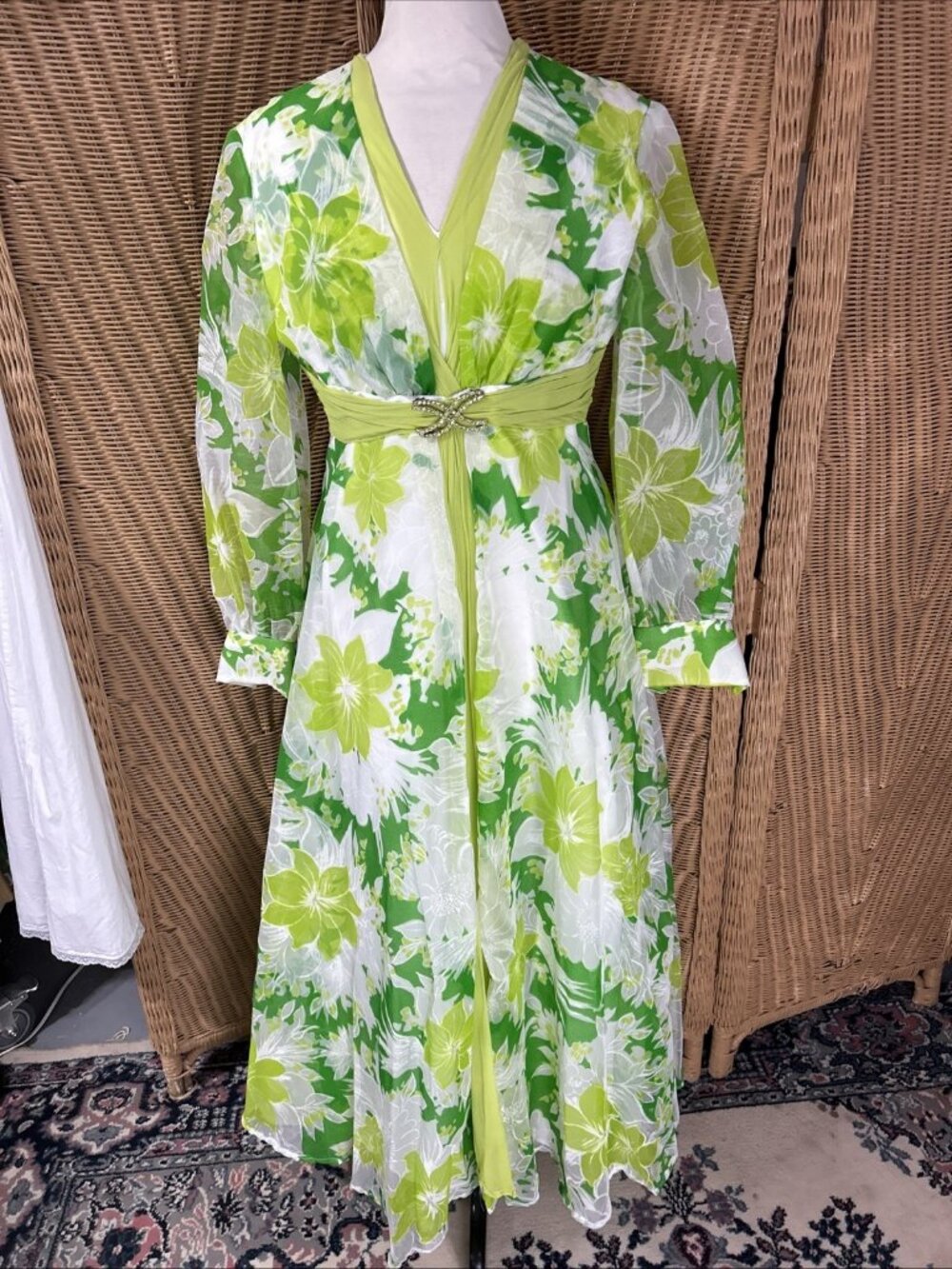Vintage 1960 Dress green Lime White Floral Sheer Mod Formal Summer